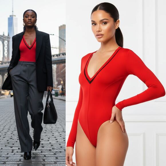 NEW Good American Low Down Bodysuit Red Black Net Accent Sz 5 US XXL Minimalist - Picture 1 of 16